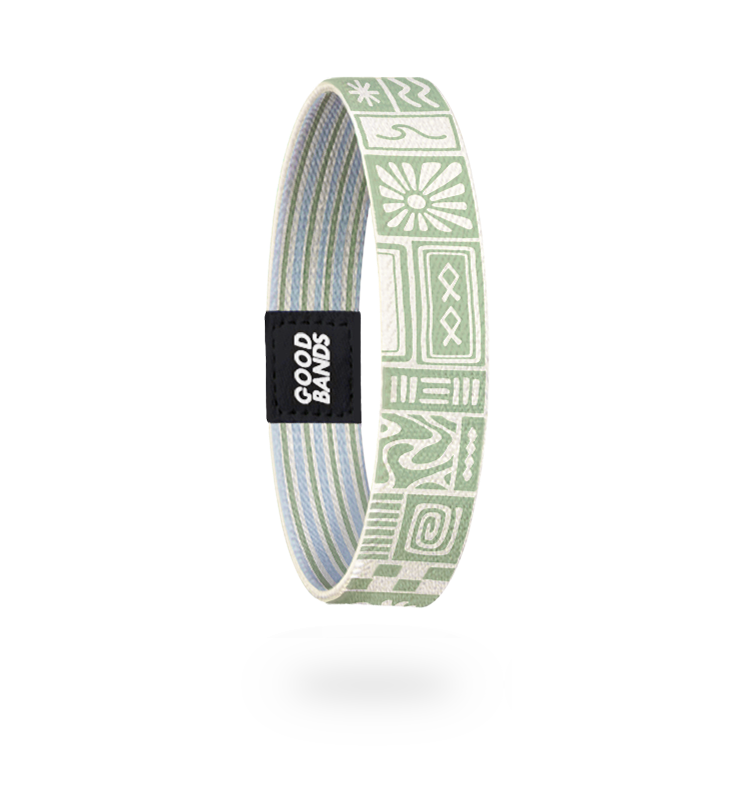 Elastisches Textil-Armband von Goodbands, Vorderseite, in Mintgrün und Weiß mit sommerlichem Muster