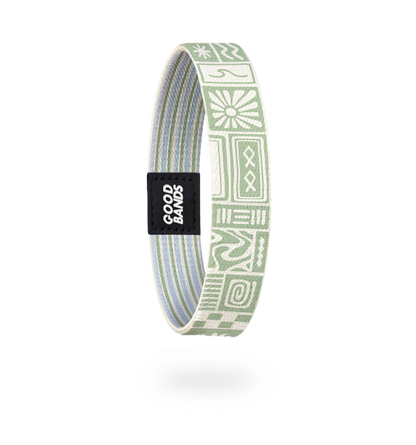 Elastisches Textil-Armband von Goodbands, Vorderseite, in Mintgrün und Weiß mit sommerlichem Muster