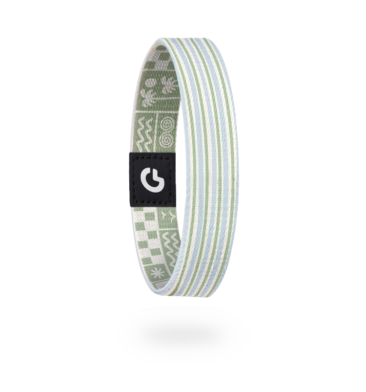 Elastisches Textil-Armband von Goodbands, Rückseite, in Mintgrün und Weiß Nadelstreifen