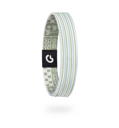 Elastisches Textil-Armband von Goodbands, Rückseite, in Mintgrün und Weiß Nadelstreifen